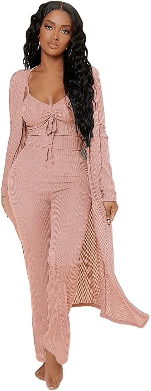 SheIn Women's Ruched Knot Bust Cami Top Long Pants Lounge Set with Long Sleeve Robe | Amazon (US)