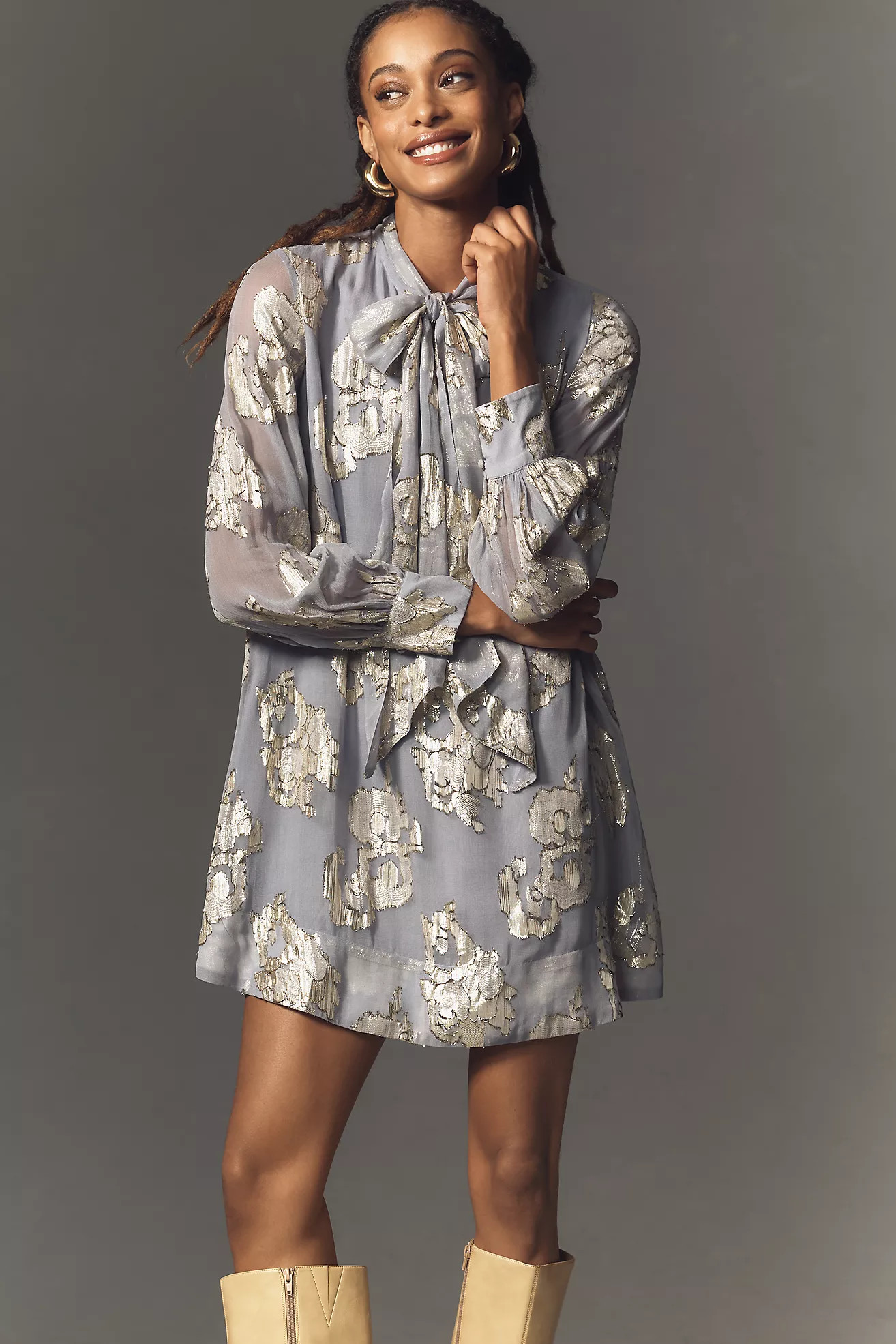 Maeve Long-Sleeve Tie-Neck Jacquard Tunic Mini Dress | Anthropologie (US)