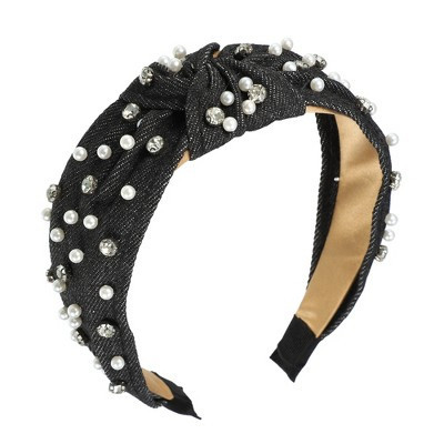 Unique Bargains Women's Pearly Rhinestones Crystal Knotted Headband Black 5.31"x1.97" | Target