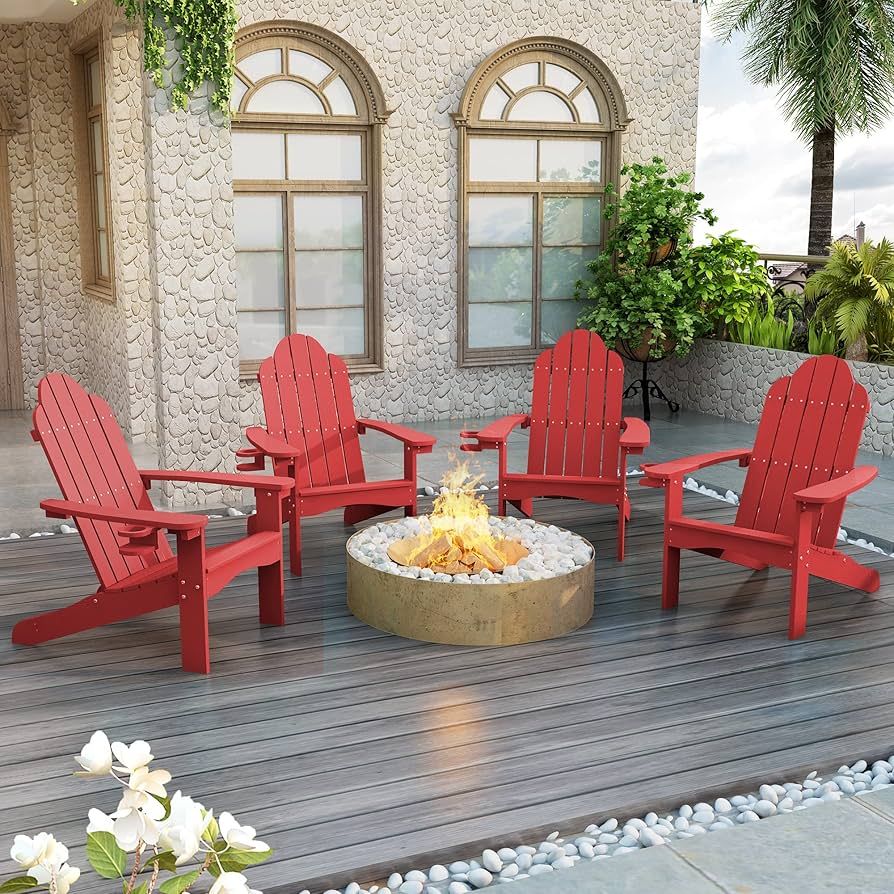 LUE BONA Poly Lumber Adirondack Chair Set of 4, Bright Red Adirondack Chairs with Cup Holder, 350... | Amazon (US)