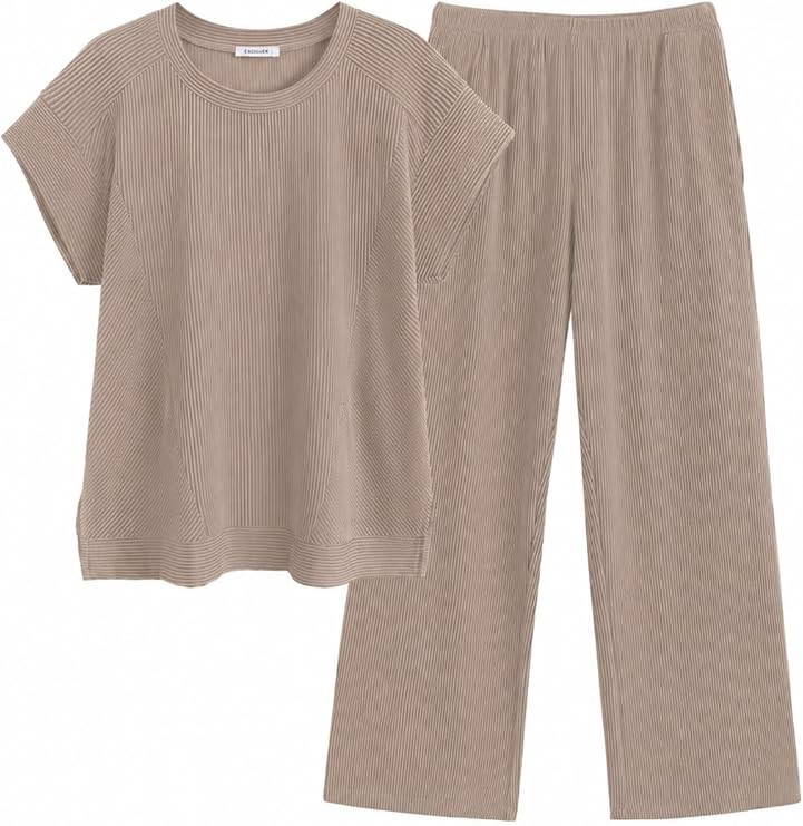 Ekouaer Two Piece Sets for Women Ribbed Short Sleeve Wide Leg Pant Set | Ribbed Texture, Crew Nec... | Amazon (US)