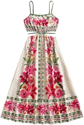 OYOANGLE Women's Floral Midi Cami Dress Cut Out Spaghetti Strap Ruffle A Line Boho Sundress | Amazon (US)