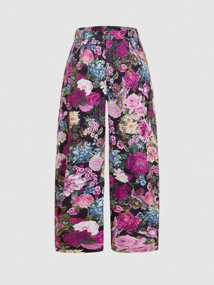 SHEIN MOD Plus Size Women Elegant Floral Print High Waist Wide Leg Pants | SHEIN