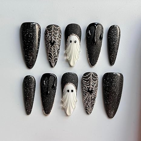 Halloween Press On Nails Handmade Long Almond Fake Nails, Apparition nails Sparkling Design press... | Amazon (US)