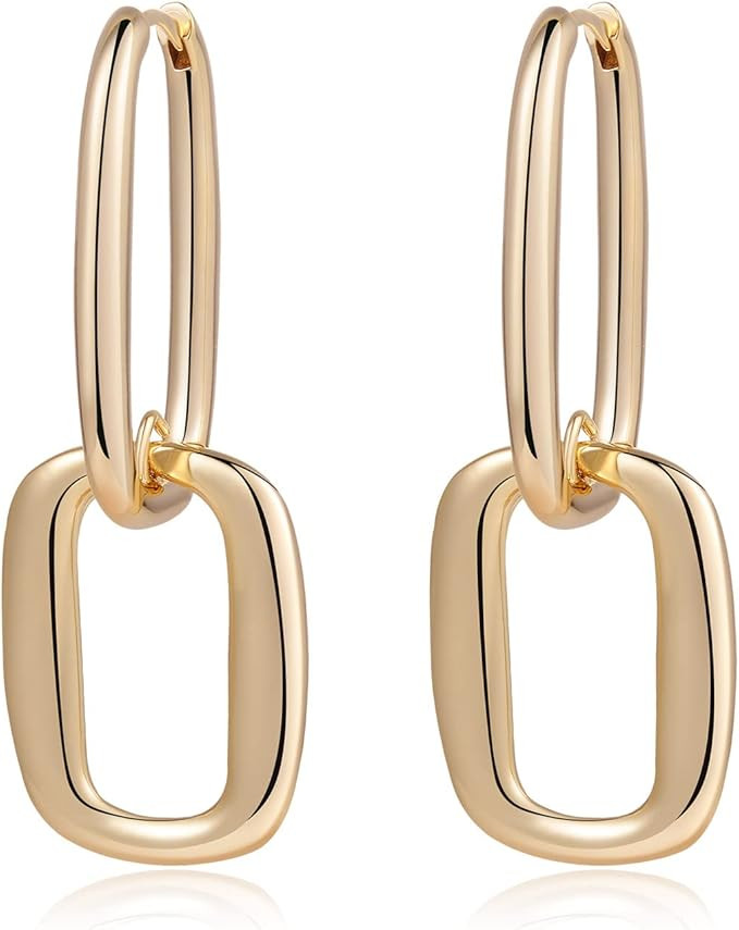 14K gold link dangle earrings for women- chain link earrings, paperclip earrings Simple Huggie Ho... | Amazon (US)