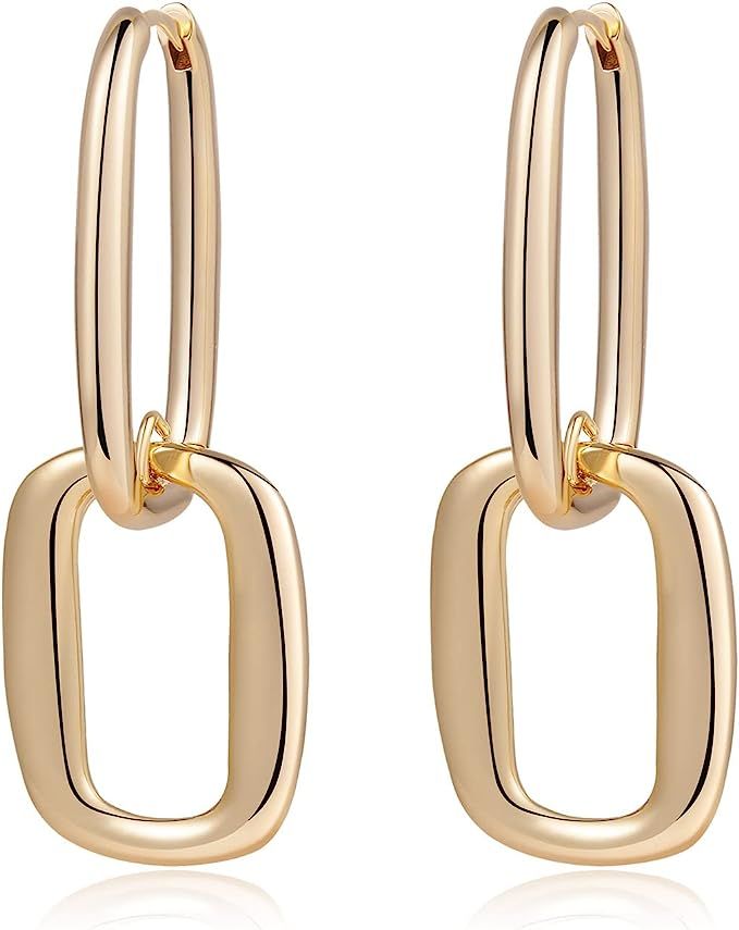 14K gold link dangle earrings for women- chain link earrings, paperclip earrings Simple Huggie Ho... | Amazon (US)