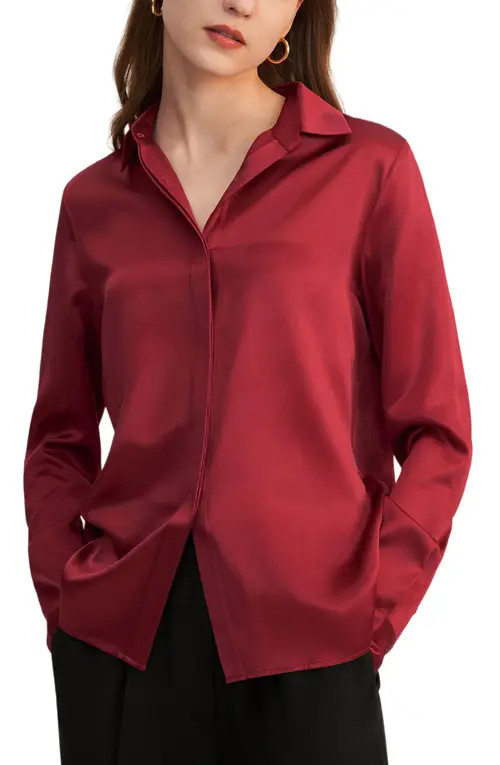 LILYSILK Women's Basic Concealed Placket Silk Shirt in Claret at Nordstrom, Size Medium | Nordstrom