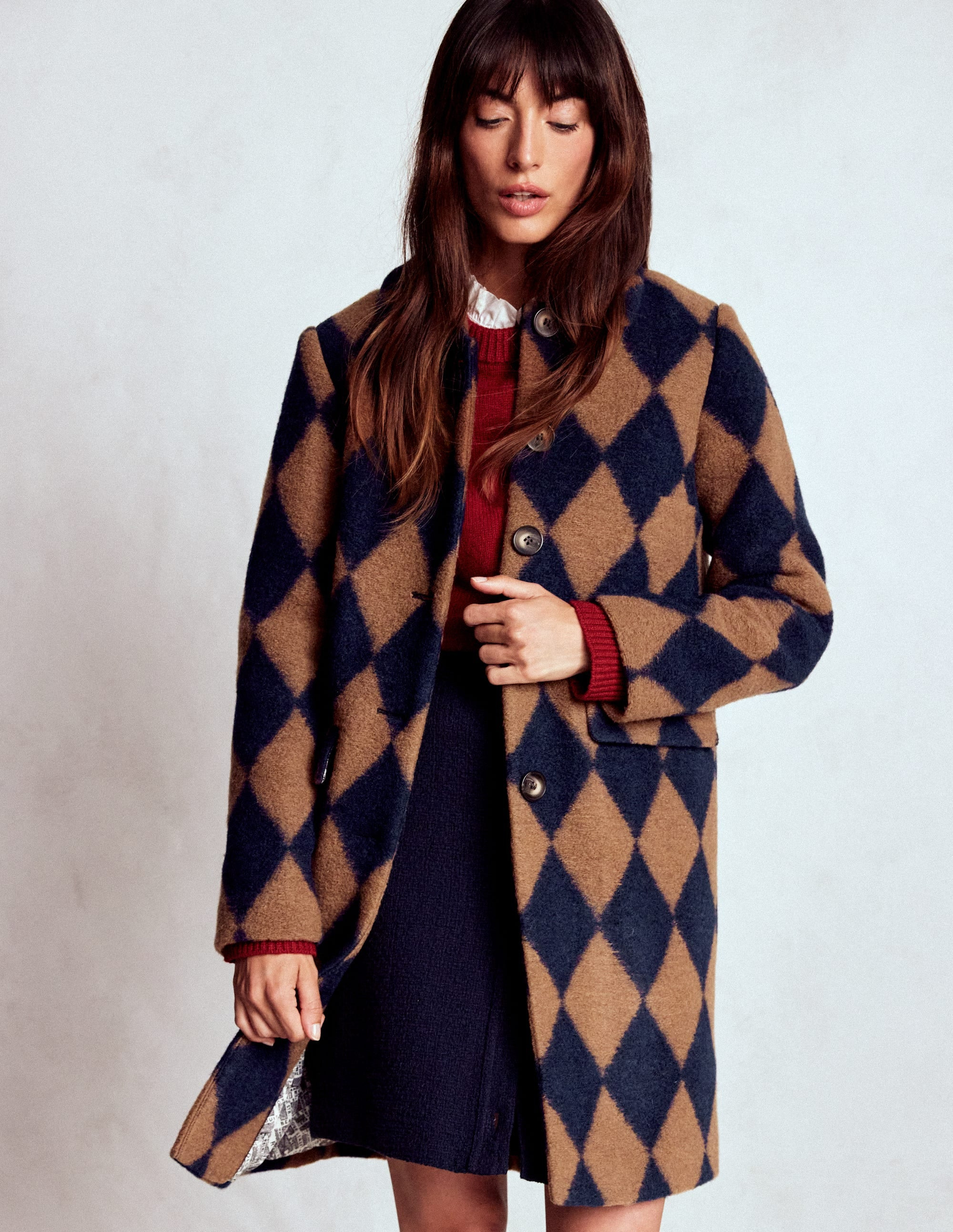 Edinburgh Swing Coat-Camel and Navy Argyle | Boden (US)