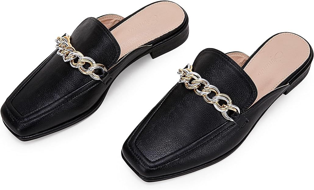 Ermonn Women's Flat Mules Chain Square Toe Faux Leather Backless Slip on Slides Loafer Shoes | Amazon (US)