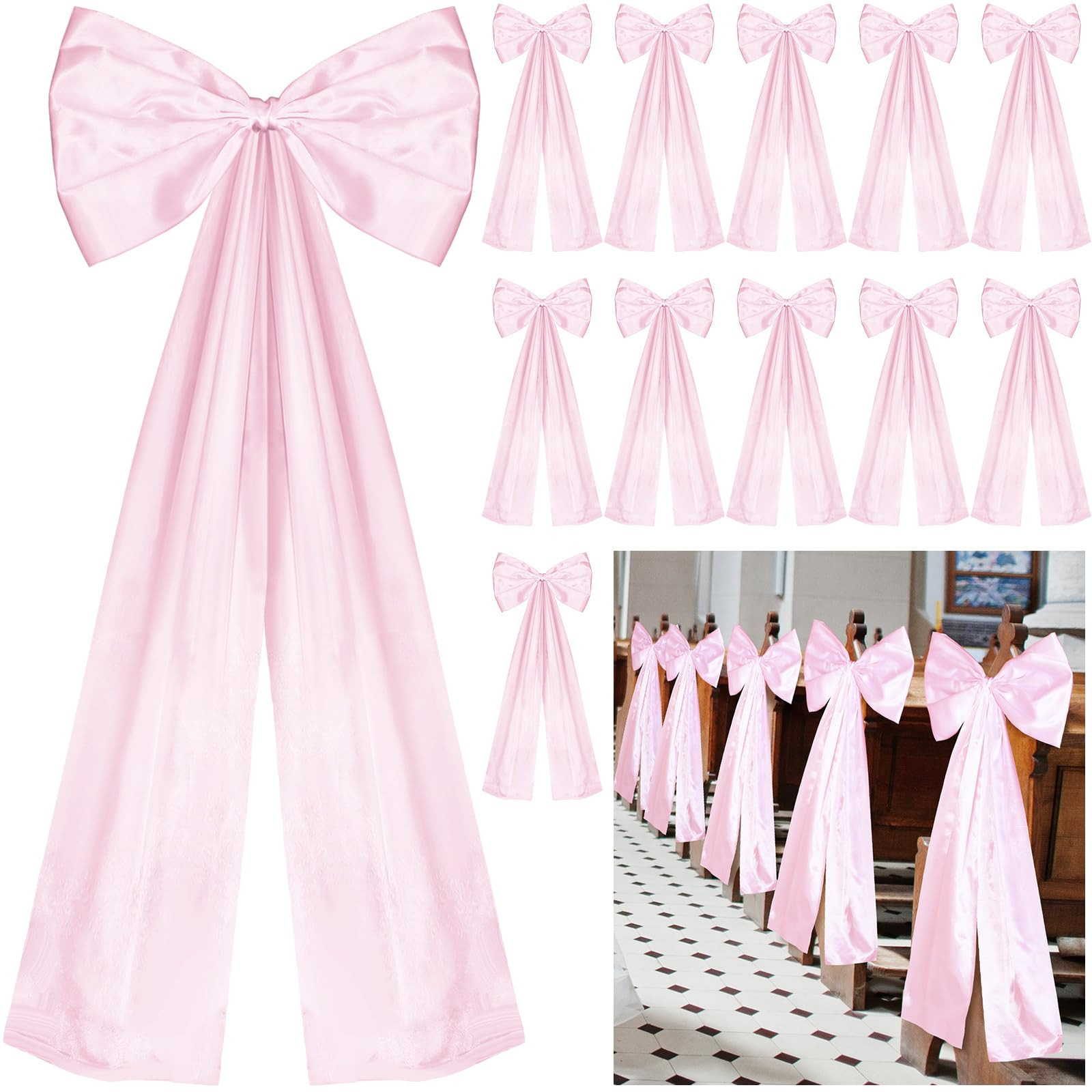 Large Wedding Pew Bows with Long Tails 12 x 26 Inch Wedding Aisle Decorations Bows Satin Ribbon B... | Amazon (US)