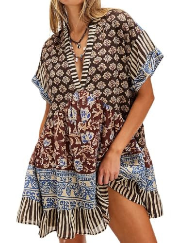 Women Bohemian Floral Mini Dress Y2K Babydoll V Neck Short Dress Loose Fit Patchwork Dress Beach | Amazon (US)