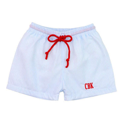 Blue And Red Mini Stripe Swim Trunks | Cecil and Lou