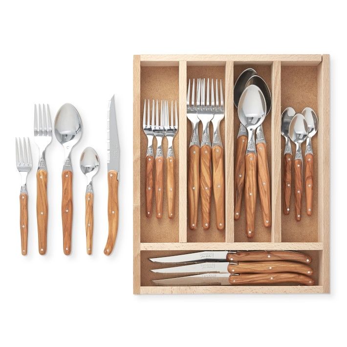 Jean Dubost Laguiole 20-Piece Flatware Set with In-Drawer Box, Olivewood | Williams-Sonoma