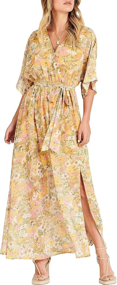 ANRABESS Women’s Summer Loose Kimono Maxi Dress Wrap V Neck 3/4 Sleeve Floral Print Slit Long D... | Amazon (US)