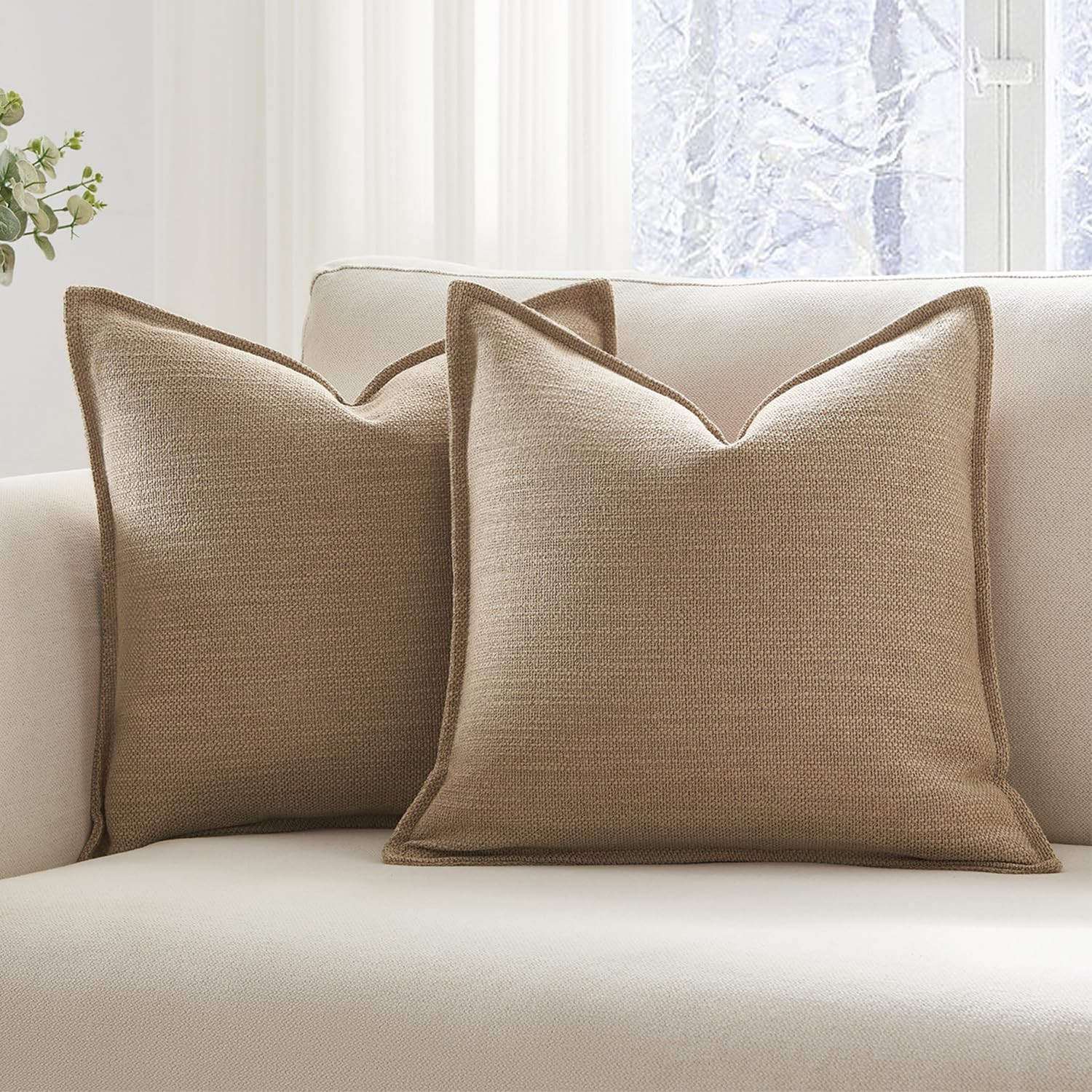 Meekio Set of 2 Khaki Pillow Covers 18x18, Linen Look Throw Pillow Covers with Flange Edge for So... | Amazon (US)