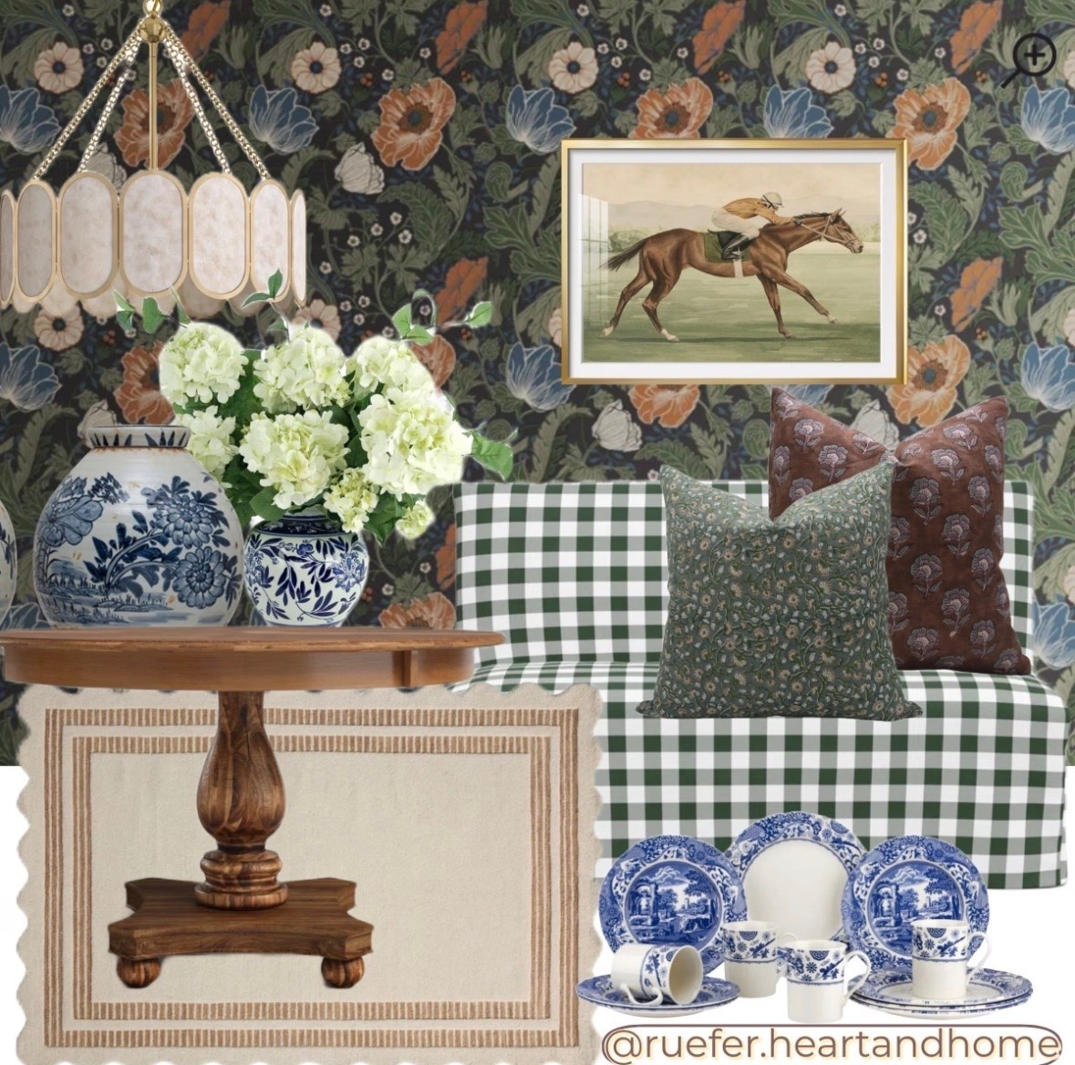 This is still my favorite design board I’ve created. If I were to start from scratch in my own breakfast nook, this would be the vibe. Floral wallpaper, pedestal wood kitchen table, dining table, upholstered dining bench, pillows, equestrian framed art, horse art, chandelier, light fixture, dishes, dish set, scallop rug, artificial flowers, artificial stems

#LTKSeasonal #LTKHome #LTKSaleAlert