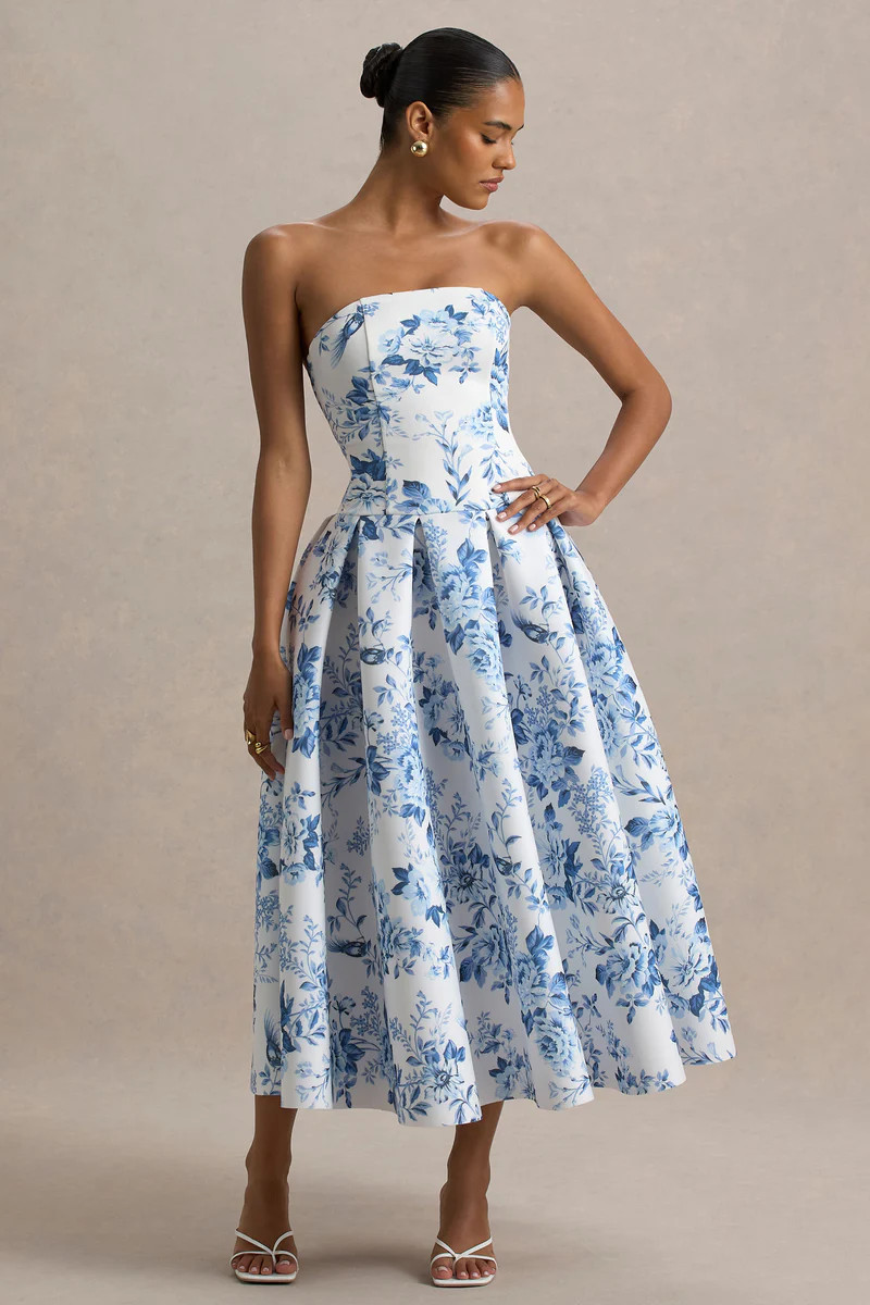 Alaina  Blue Porcelain Print Bandeau Midi Dress With Volume Skirt | Club L London