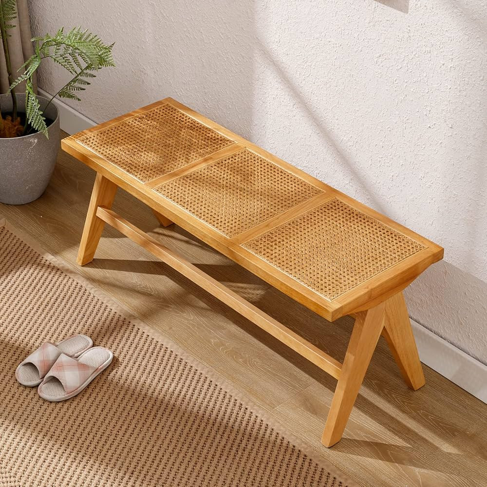 QUINJAY Farmhouse Rattan Bench, Entryway Bench with Footrest, Wood Cane Bench Dining Bench Long S... | Amazon (US)