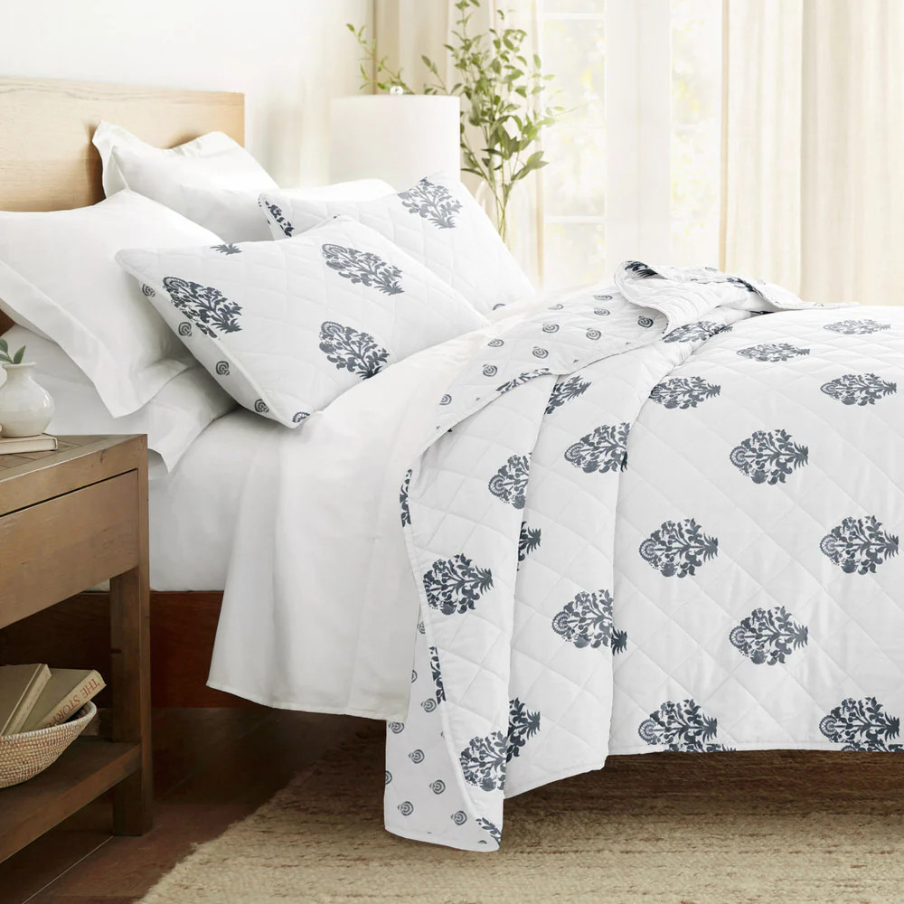 Stamped Bloom Reversible Quilted Coverlet Set | Linens and Hutch