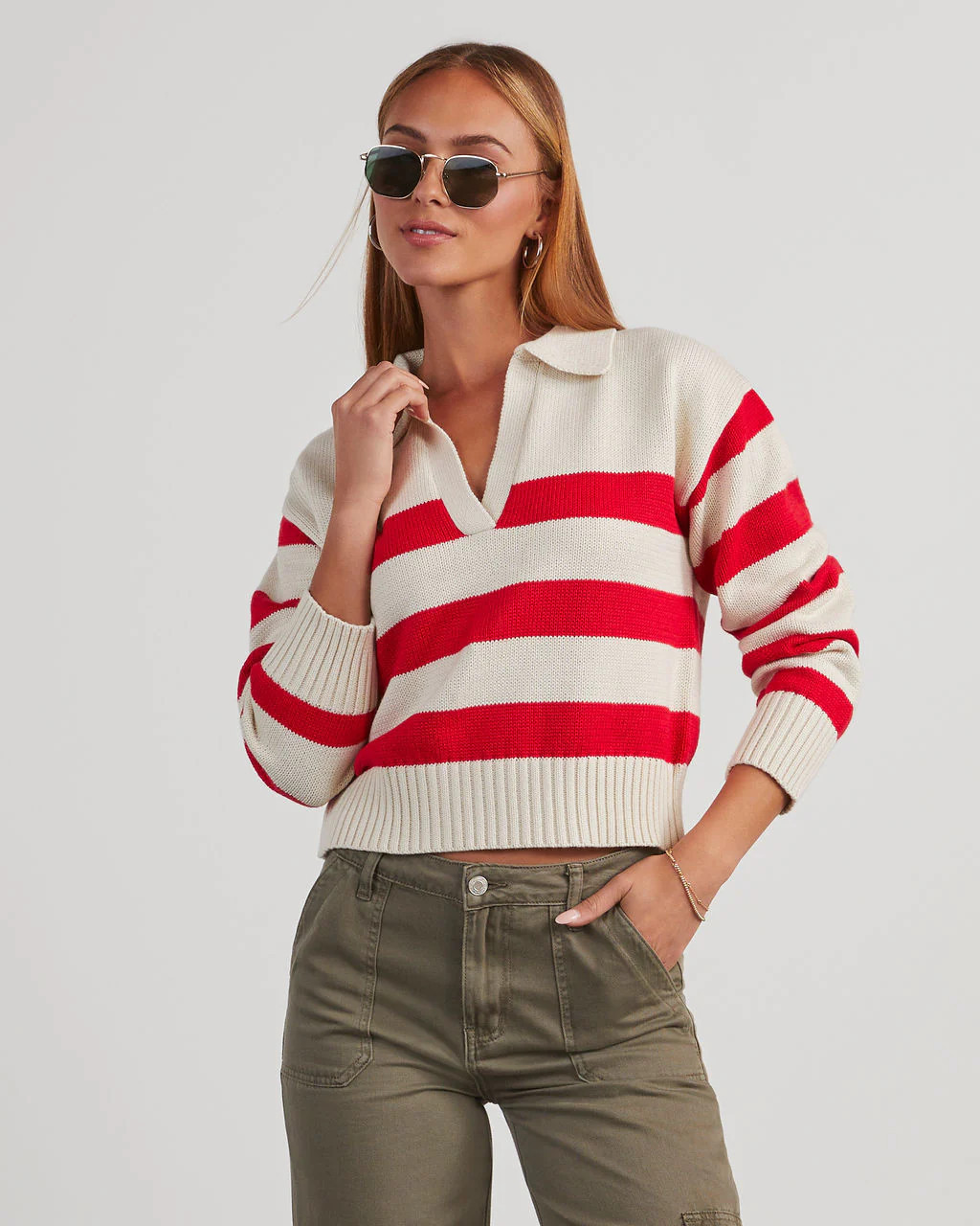 Graham Striped Polo Sweater - Red/Cream / XL | VICI