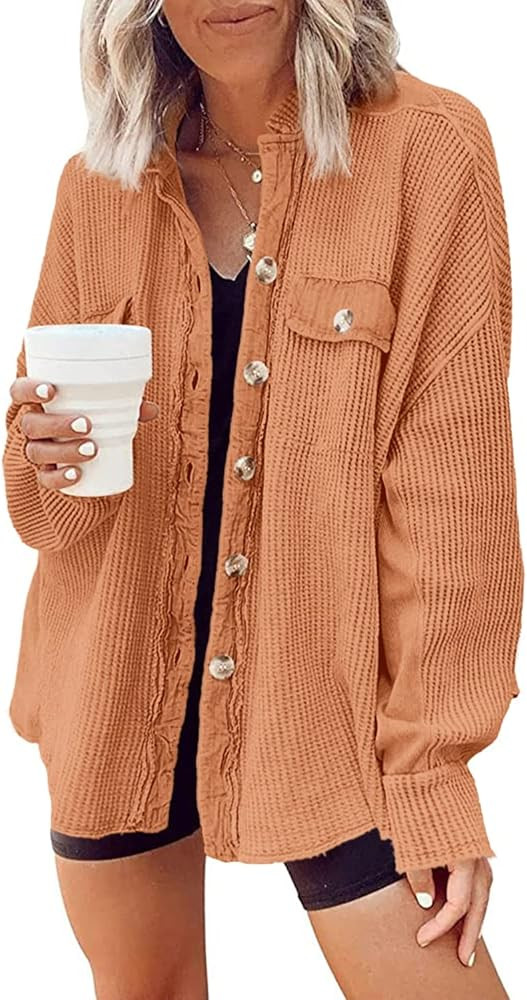 Yanekop Womens Waffle Knit Shacket Boyfriend Shirt Jacket Button Down Blouse Loose Fit Long Sleev... | Amazon (US)
