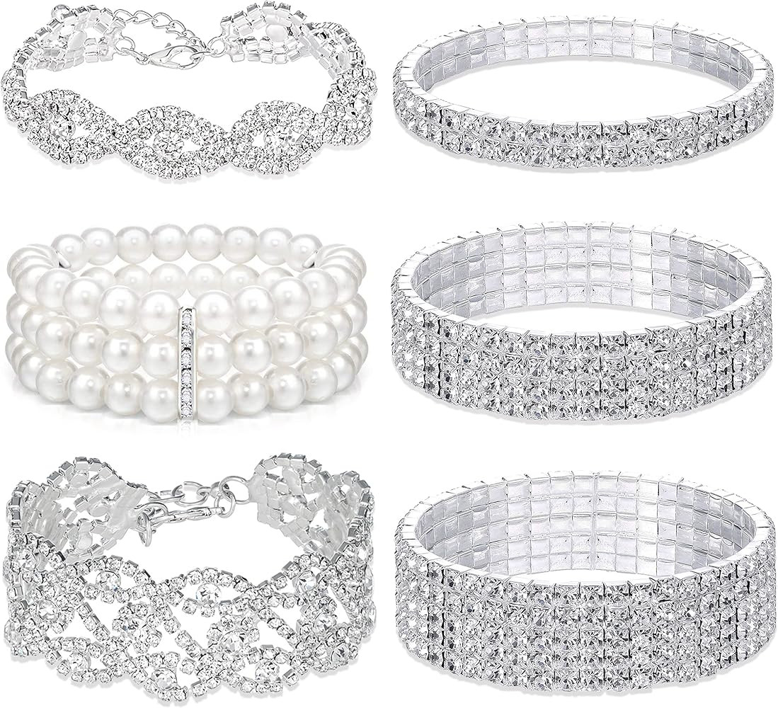 EIELO 6 Pcs Rhinestone Stretch Bracelet for Women Sparkly Clear Crystal Wedding Bridal Bridesmaid Stretch Bracelet Jewelry Stackable Elastic Pearl Multilayer Strand Link Tennis Bracelets Set | Amazon (US)