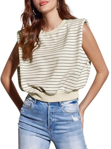 Tankaneo Women's Stripped Tank Tops Crewneck Casual Summer Sleeveless Vest with Shoulder Pads | Amazon (US)