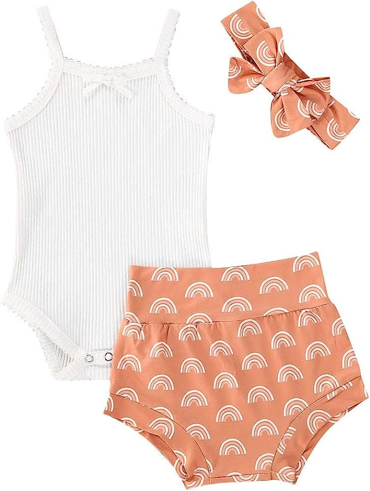 3Pcs Newborn Baby Girl Summer Shorts Outfit Sleeveless Bodysuit Romper+Ruffles Short Pants+Headba... | Amazon (US)