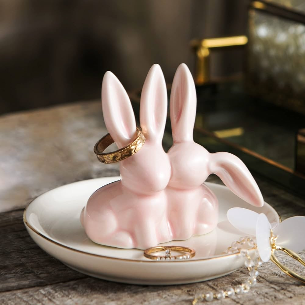 WANYA Ceramic Jewelry Tray Rabbit Ring Holder, Ceramic Bunny Jewelry Dish for Women Home Decor Bi... | Amazon (US)