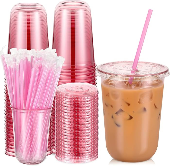 50 Sets Clear Round Bottom Plastic Cups with Lids and Straws, Cute Disposable Drinking Coffee Cup... | Amazon (US)