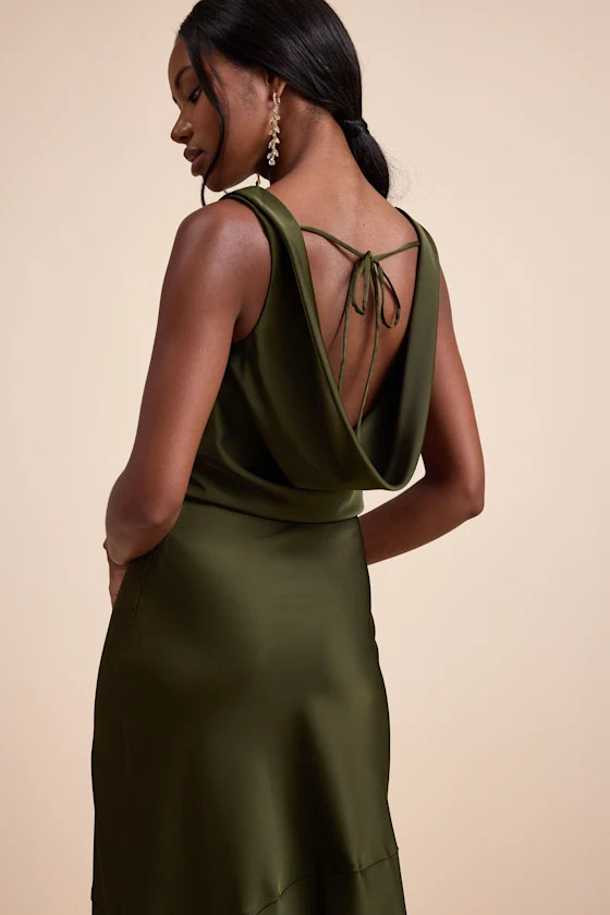 Aernah Olive Satin Cowl Tie-Back Slip Maxi Dress | Lulus