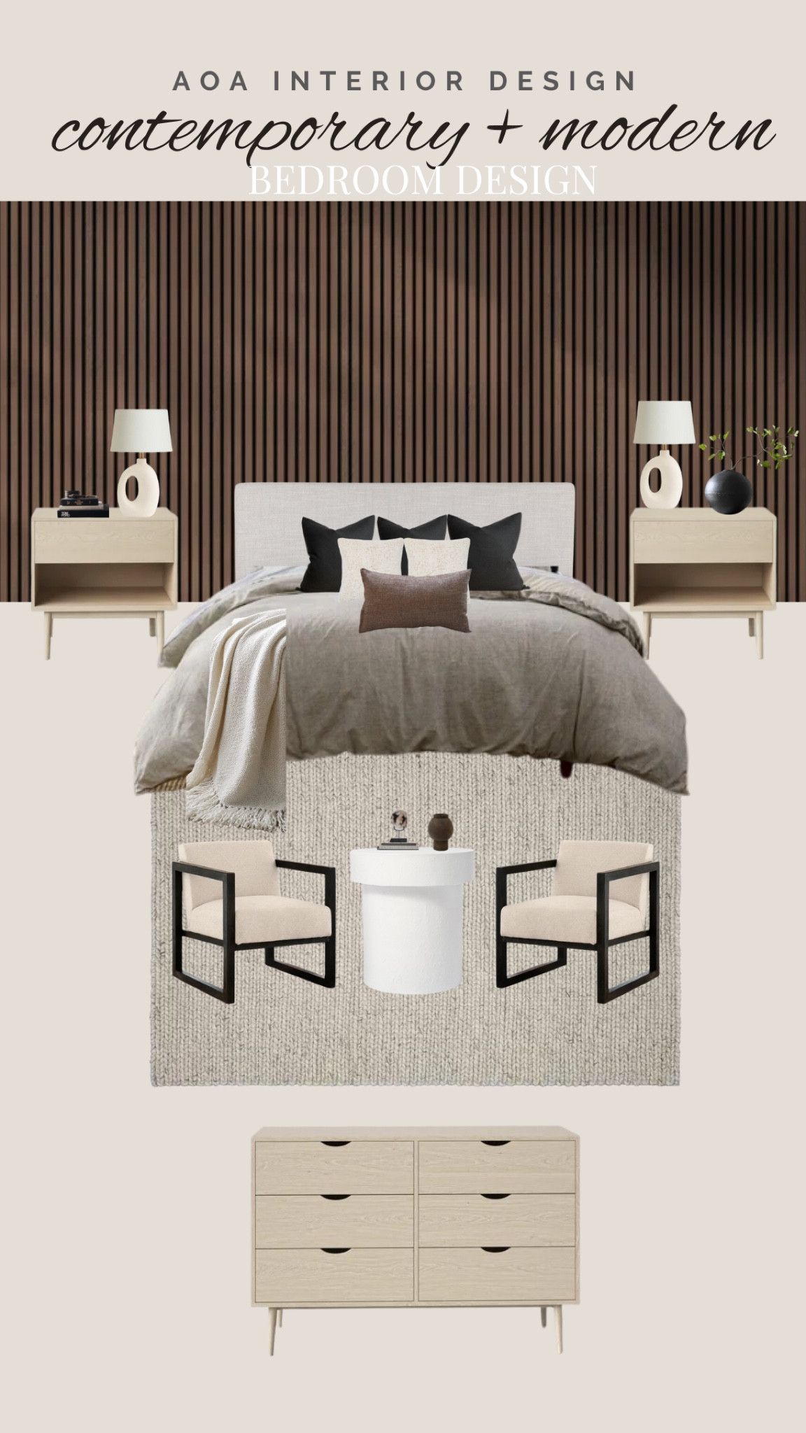 A contemporary bedroom design for a modern style interior. The wood slat wall adds warmth, texture and visual interest while the overall color scheme remains neutral. 

 @ltk.home 

.
.
.
.
.
.
.
#interiordesign #interiordecor #designboard #bedroomdesign #bedroomdecor #moodboard #modernbedroom #contemporarybedroom #moodybedrooms #scandihome #scandinaviandesign #ltkhome #ltk 

#LTKhome #LTKsalealert