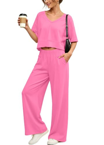 Panadila Women's 2 Piece Lounge Set V Neck Crop Top Wide Leg Pants | Amazon (US)