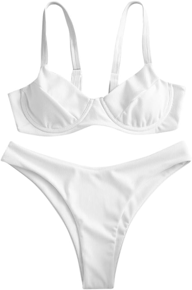 ZAFUL Women's Ribbed Underwire Bikini High Cut V Notch Smocked Swimwear Printed High Leg Swimsuit | Amazon (US)
