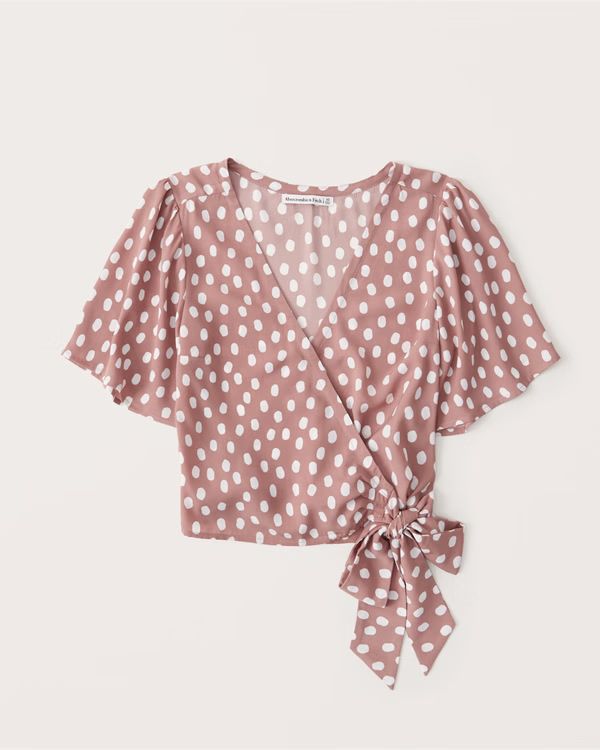 Short-Sleeve Faux Silk Wrap Top | Abercrombie & Fitch (US)