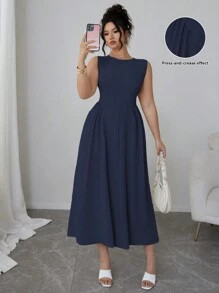 Celure Plus Size Women Solid Color Round Neck Pleated Sleeveless Elegant Dress Maxi Women Outfit ... | SHEIN