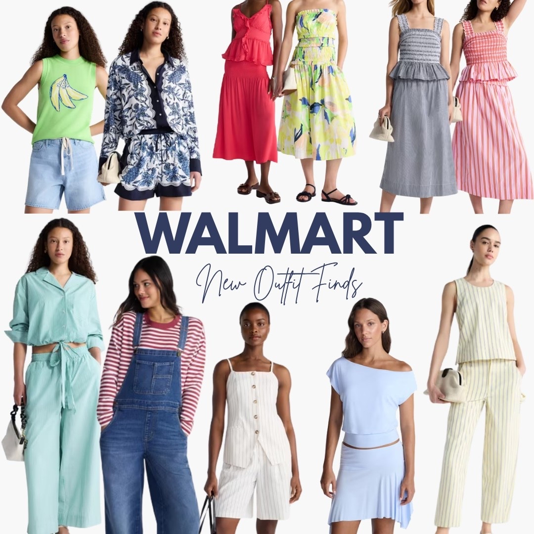 walmart's new arrivals are so good right now — banana graphic tank + denim shorts for something easy, the floral scallop set is giving vacation, smocked midi dresses in the prettiest colors, striped button vest and short set, the seafoam cropped shirt set, red striped tee + denim overalls, off shoulder top with the flowy blue skirt, and the yellow striped set to close it out

linking everything below

#LTKootd #LTKSeasonal #LTKTravel