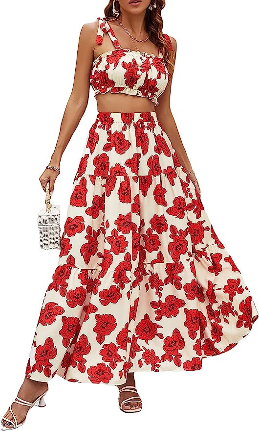 MakeMeChic Women's 2 Piece Outfits Boho Floral Tie Shoulder Crop Top and Ruffle Maxi Skirt Set | Amazon (US)
