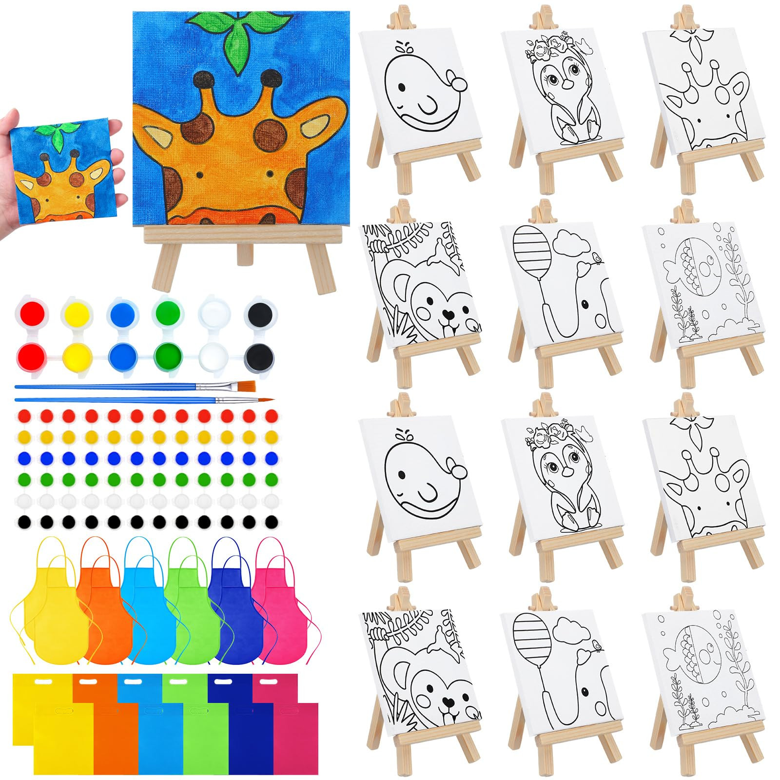 Tenceur 48 Pcs Kids Paint Party Favors Sets with 12 Pcs Animals Pre Drawn Canvas Panel and Wooden... | Amazon (US)