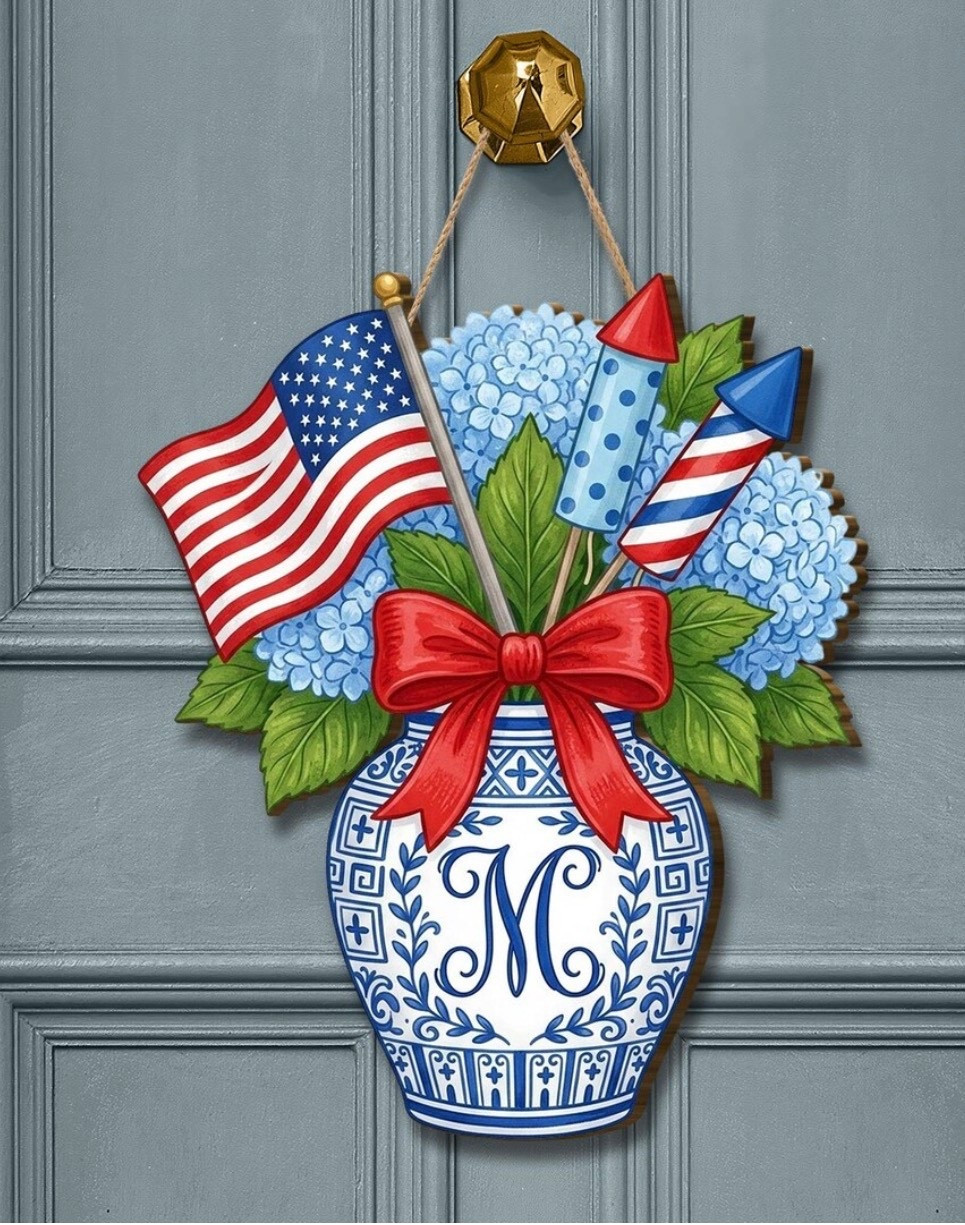 Patriotic Chinoiserie Door Hanger 🇺🇸💙 Custom Hydrangea Initial Decor

The cutest patriotic door hanger for summer 🇺🇸💙 This chinoiserie-style vase filled with blue hydrangeas, an American flag, and festive fireworks is such a unique statement piece for your front door.

I love that it’s personalized with your initial for that custom touch ✨ Made from thick, high-quality wood with a durable jute hanger—perfect for Memorial Day, 4th of July, and all summer long.

Such a fun way to add a preppy, coastal patriotic vibe to your entryway or porch 🇺🇸💙

patriotic decor, 4th of july door hanger, chinoiserie decor, blue and white decor, summer front porch, hydrangea decor, personalized door sign, preppy home decor, Mother’s Day gift, grandmillennial decor, Memorial Day decor 

#LTKMothersDay #LTKSeasonal #LTKHome