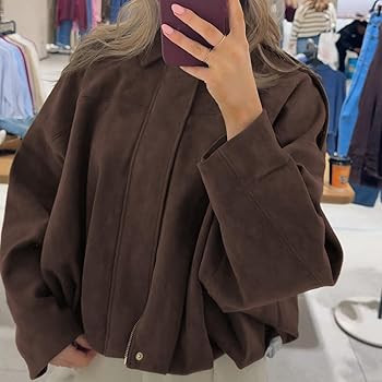 Womens Faux Suede Bomber Jacket Casual Lightweight Batwing Long Sleeve Oversized Coat Streetwear ... | Amazon (US)