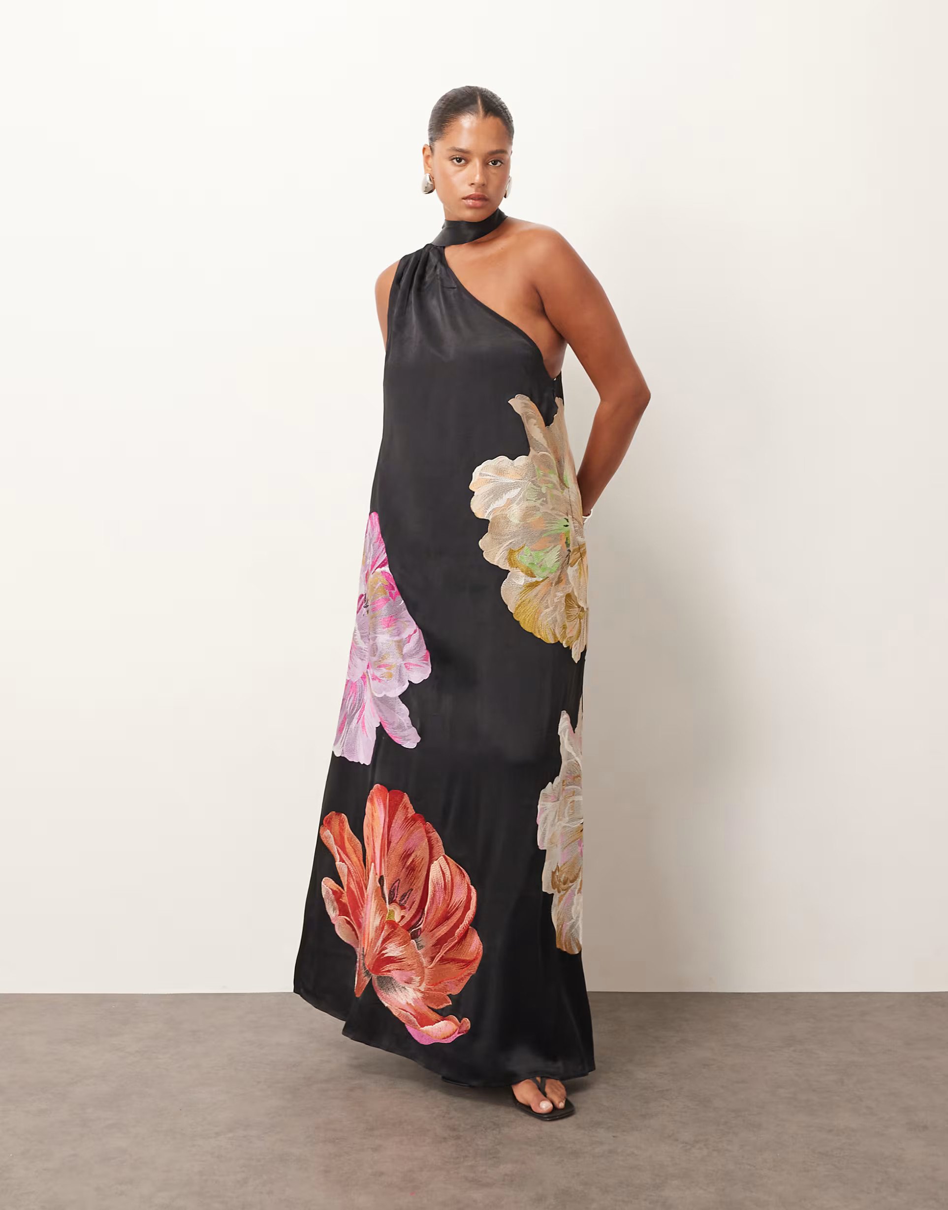 ARRANGE Curve supersize floral embroidered scarf neck one shoulder maxi dress in black | ASOS | ASOS (Global)