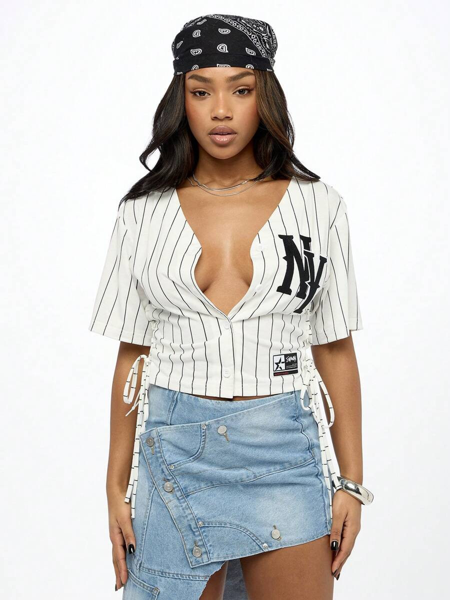 SUMWON WOMEN Striped Baseball Jersey Corset Top With Side Lace-Up Detail, Varsity Style Ny Logo, ... | SHEIN
