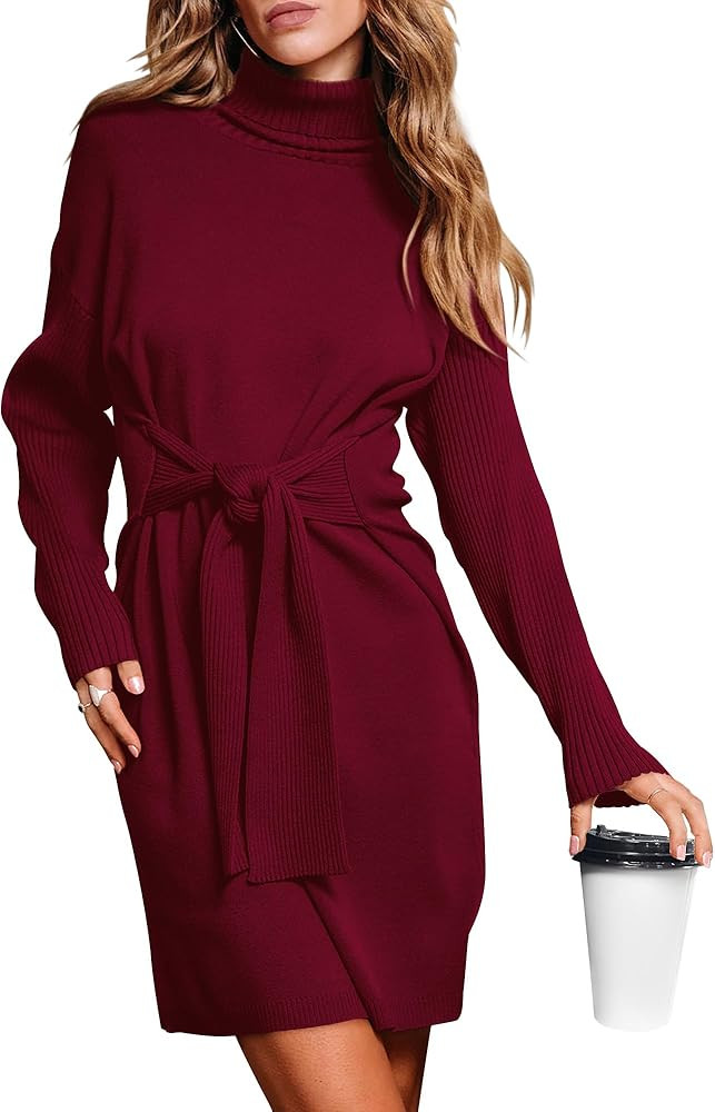 Women's Fall Sweaters 2023 Turtleneck Long Sleeve Ribbed Knit Oversized Pullover Tie Waist Mini S... | Amazon (US)