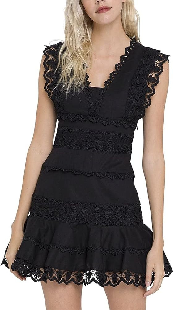 endless rose Women's Plunging Neck Lace Trim Mini Dress | Amazon (US)