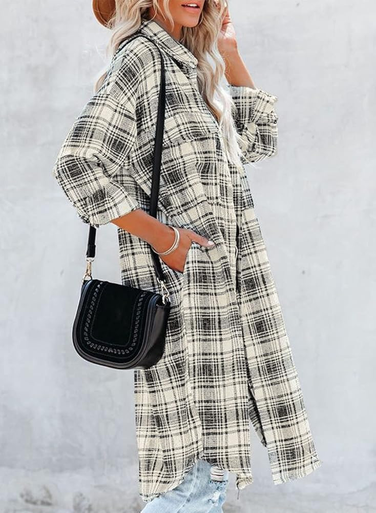 EVALESS Long Sleeve Plaid Shirts for Women Dressy Button Down Long Cardigan Loose Shacket Jacket Coa | Amazon (US)