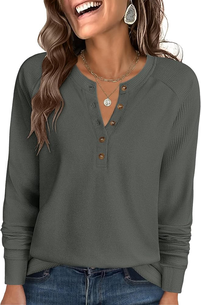 ANRABESS Women's Long Sleeve Waffle Knit Shirts Dressy Casual Loose Button Up V Neck Henley Tops ... | Amazon (US)