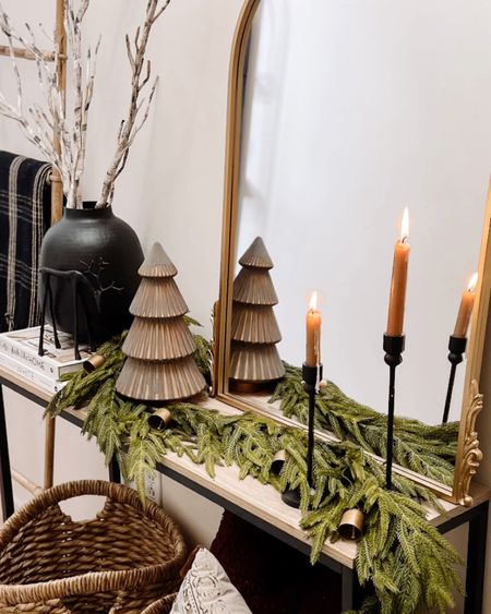 Console table, console styling, garland , candle sticks, branches, tree, gold mirror, bells, baskets, decor ladder , throw blankets ,holiday decor , antique mirror, 

#LTKstyletip #LTKHoliday #LTKSeasonal