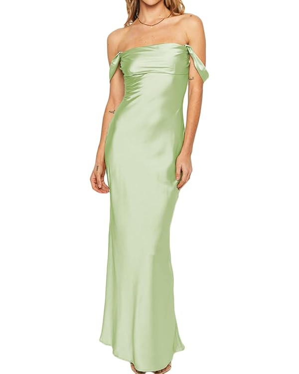 Elegant Satin Off The Shoulder Ruched Backless Maxi Dress for Women Strapless Tube Sleeveless Fit... | Amazon (US)