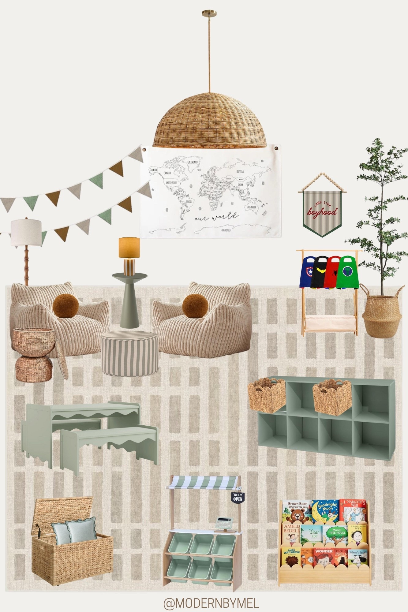 Designing a playroom that feels peaceful, intentional, and works for real life. Neutral layers, sage accents, and storage that blends right in. 

#LTKmomlife #LTKHome #LTKKids